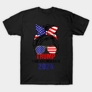 Womens Messy Bun Support Trump 2024 Flag Take America Back T-Shirt